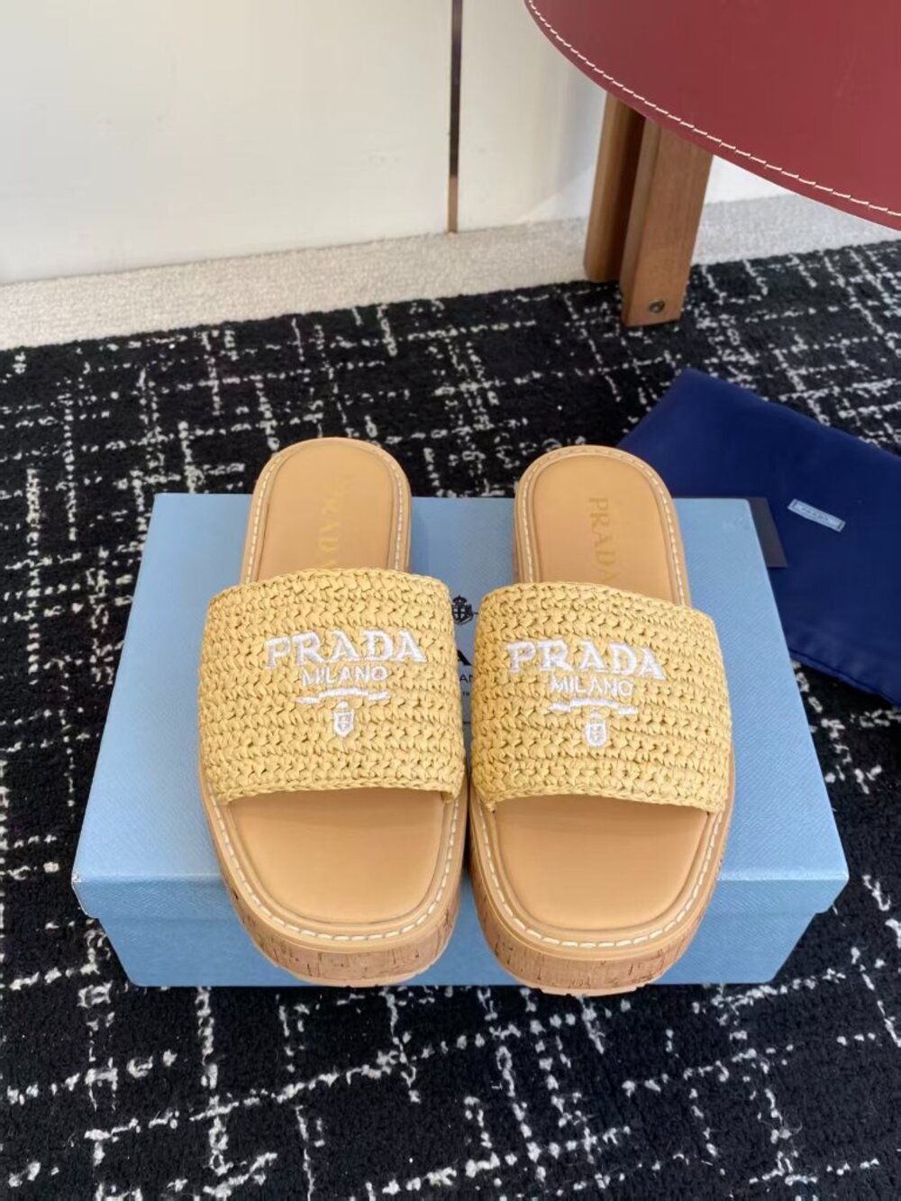 Prada Beige Woven Platform Slide Sandals White Embroidered Logo Slip On Mules
